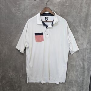FootJoy Men's XL White Polo Shirt American Flag Pocket FJ Scuff on Sleeve